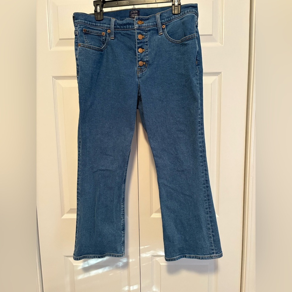 J. Crew Blue Flare Jeans with Button Detail